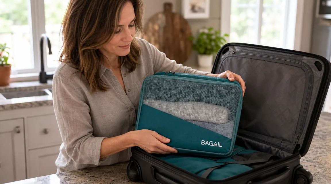 Hand placing a BAGAIL packing cube into a wheeled carry-on suitcase