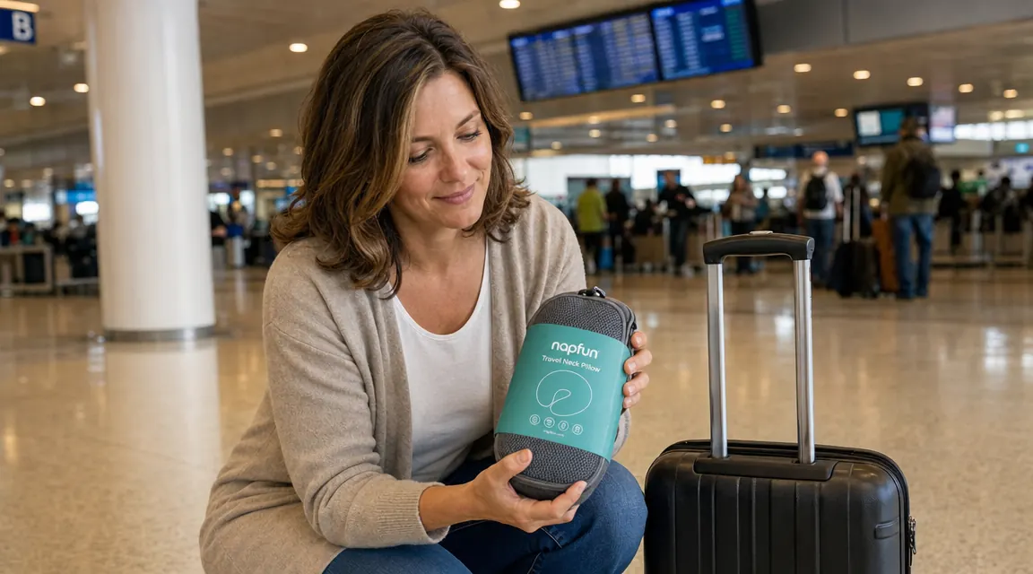Hand holding a napfun travel neck pillow next to a carry-on bag on a checked tile airport floor