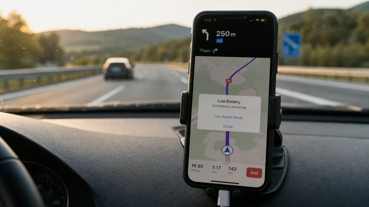 Phone showing Google Maps navigation at low battery percentage while on a highway drive