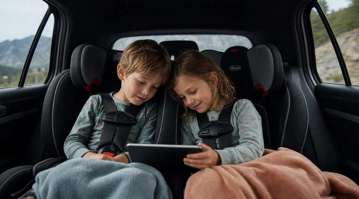 Two children watching a movie on a tablet in the back seat of a car on a long road trip