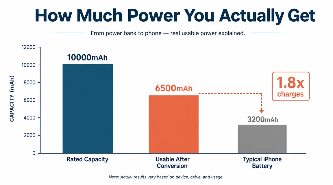 Chart showing that a 10000mAh power bank delivers roughly 6500 usable milliamp hours to a phone after conversion losses, providing about 1.8 full charges for a typical smartphone