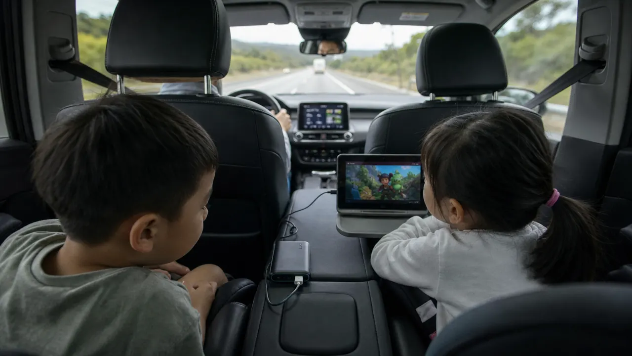 Two kids in the back seat of a car watching a tablet, power bank visible on the center console between the seats
