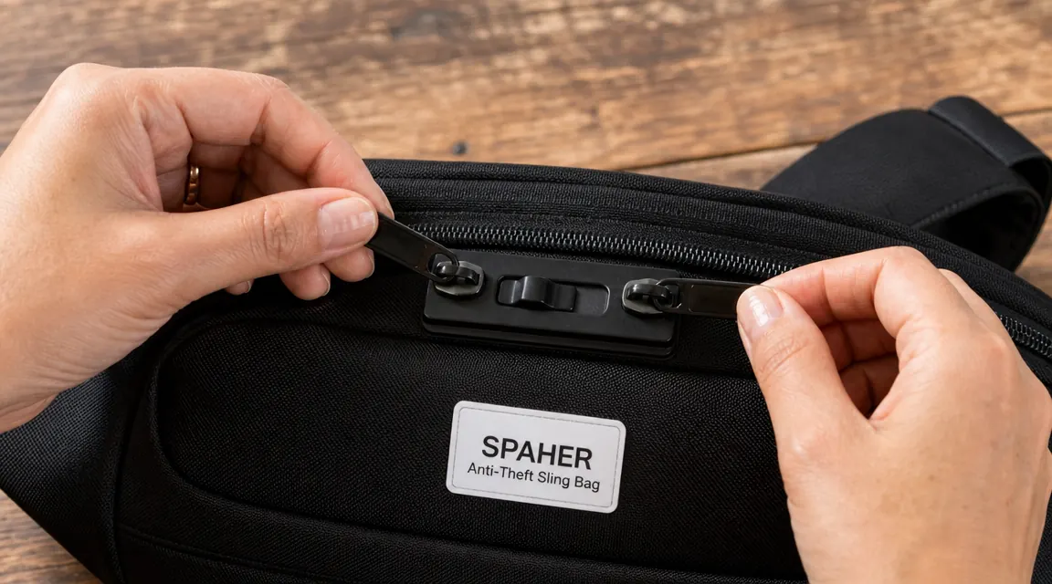 Close-up of the SPAHER sling bag zipper pulls showing the anti-theft locking tab and the textured puller