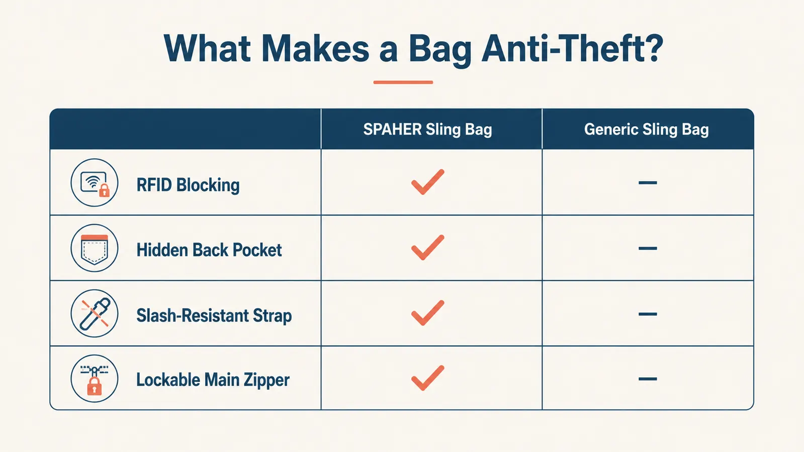 Chart comparing anti-theft bag security features: RFID blocking, hidden pocket, slash-resistant strap, lockable zipper