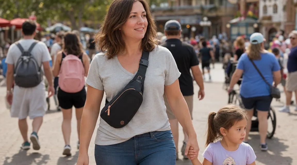 Woman wearing the SPAHER anti-theft sling bag across her chest while holding a child's hand at a crowded outdoor market