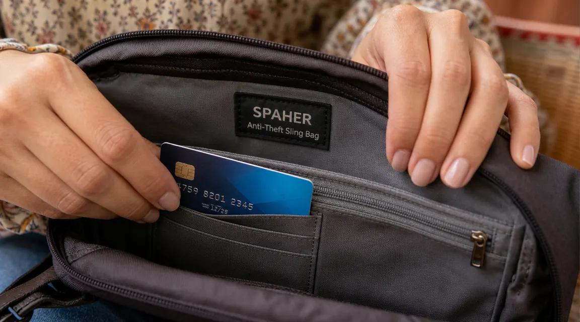 RFID-blocking card slot close-up inside an anti-theft bag, showing a credit card being inserted