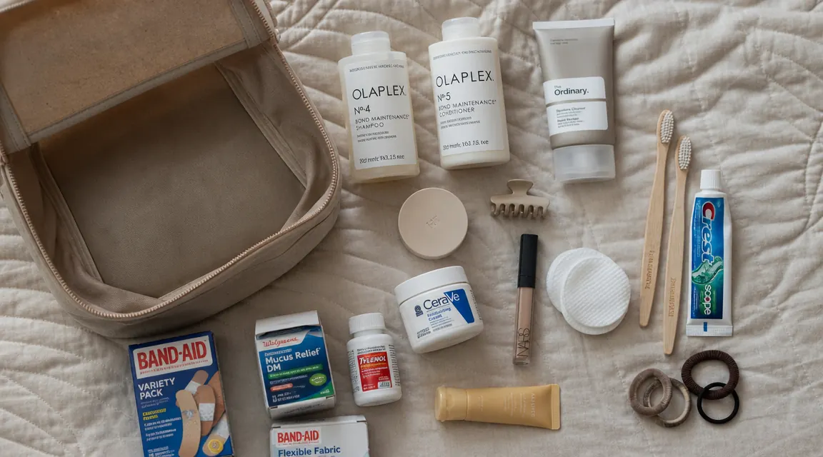 Flat lay of BAGSMART toiletry bag contents spread out on a bedspread to show the full load a family of four uses on a trip