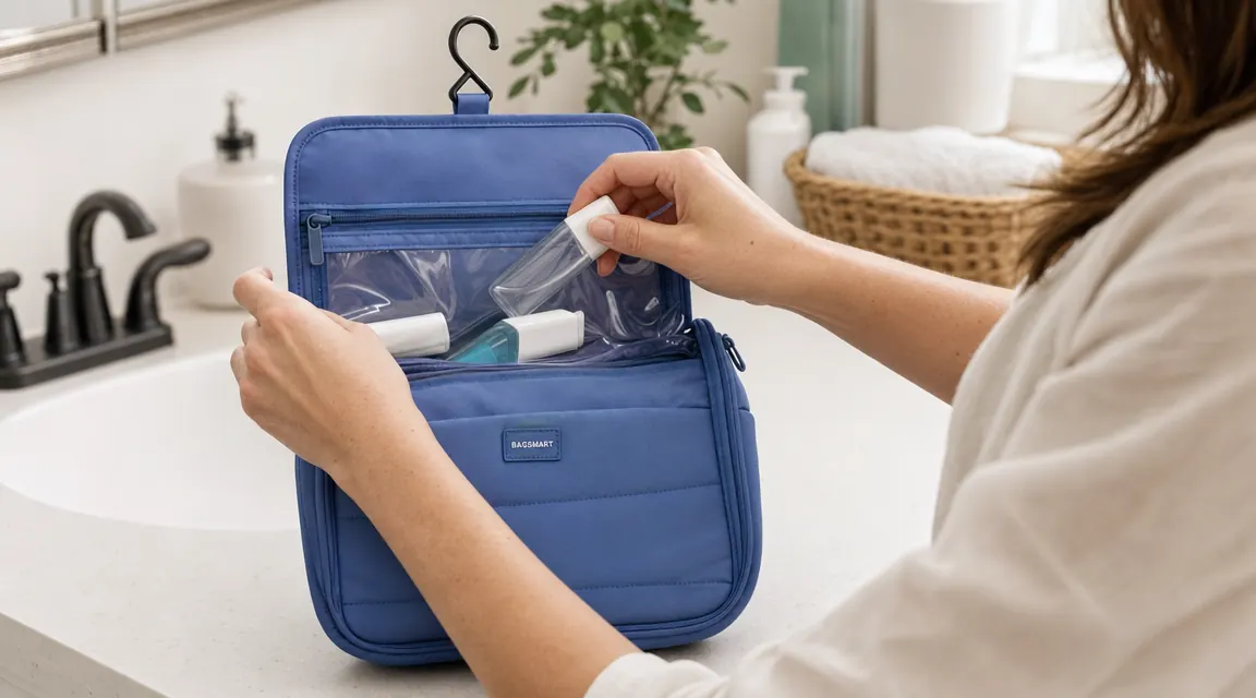 Hands loading travel-size shampoo and moisturizer into the clear front pocket of a BAGSMART toiletry bag on a bathroom counter
