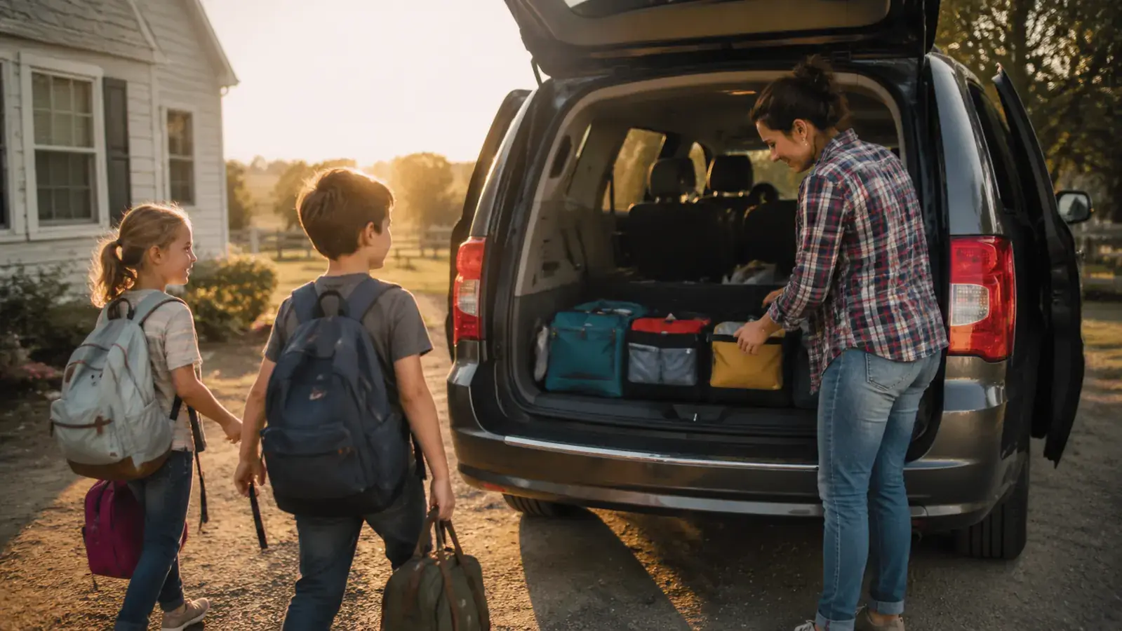 A neatly packed suitcase with travel organizers, a neck pillow, and charging gear laid out on a bed before a family trip