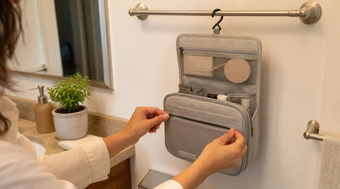 Woman's hands unzipping a hanging toiletry bag to retrieve a small bottle, bag suspended from a towel rack