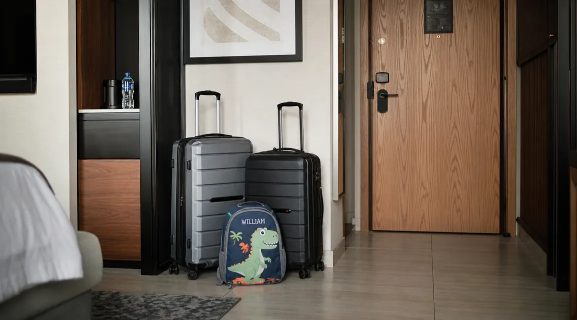 Family road trip suitcases stacked near a hotel room door, ready for checkout