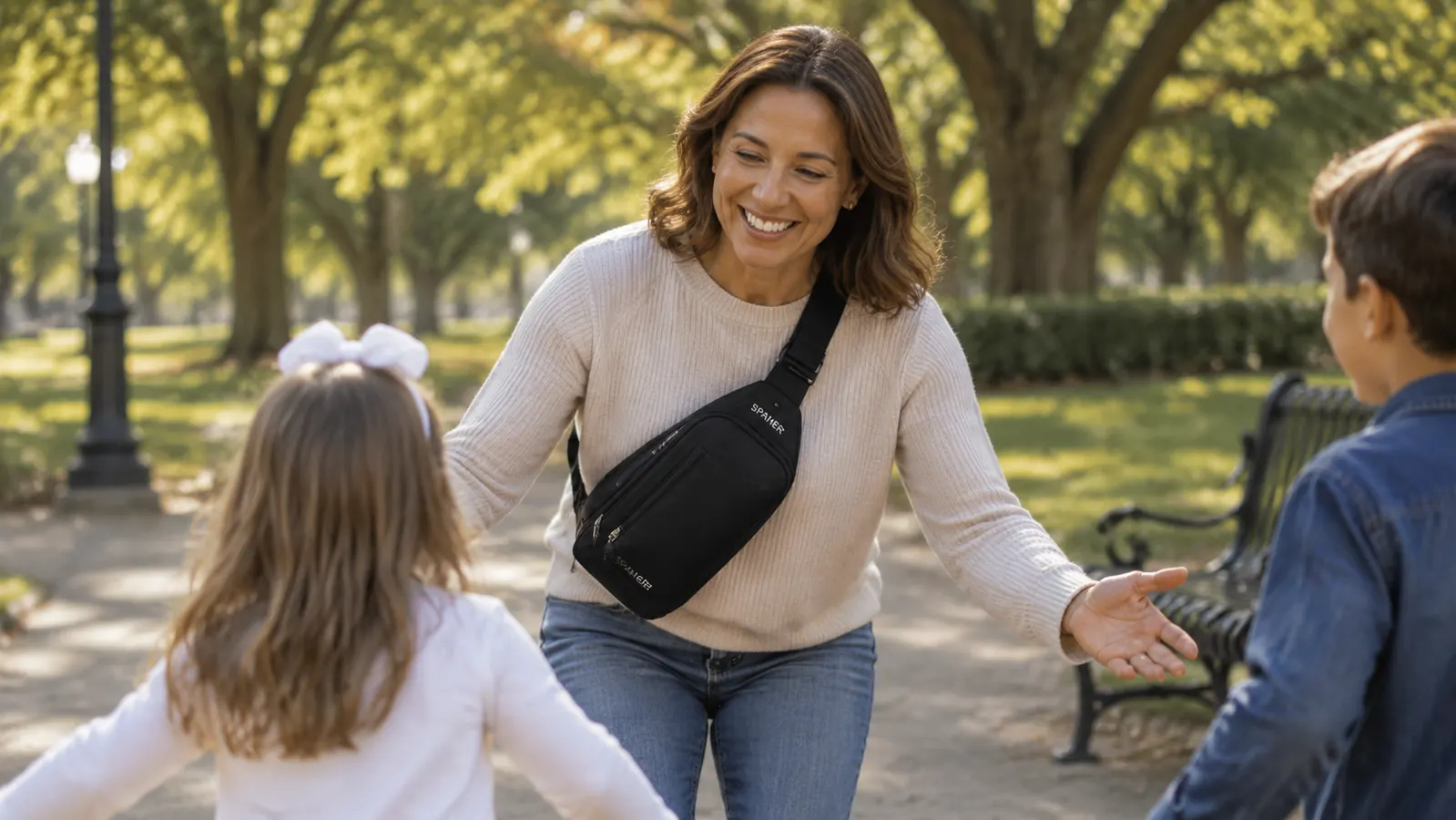 Woman clipping a black crossbody sling bag across her chest with both hands free, kids visible beside her