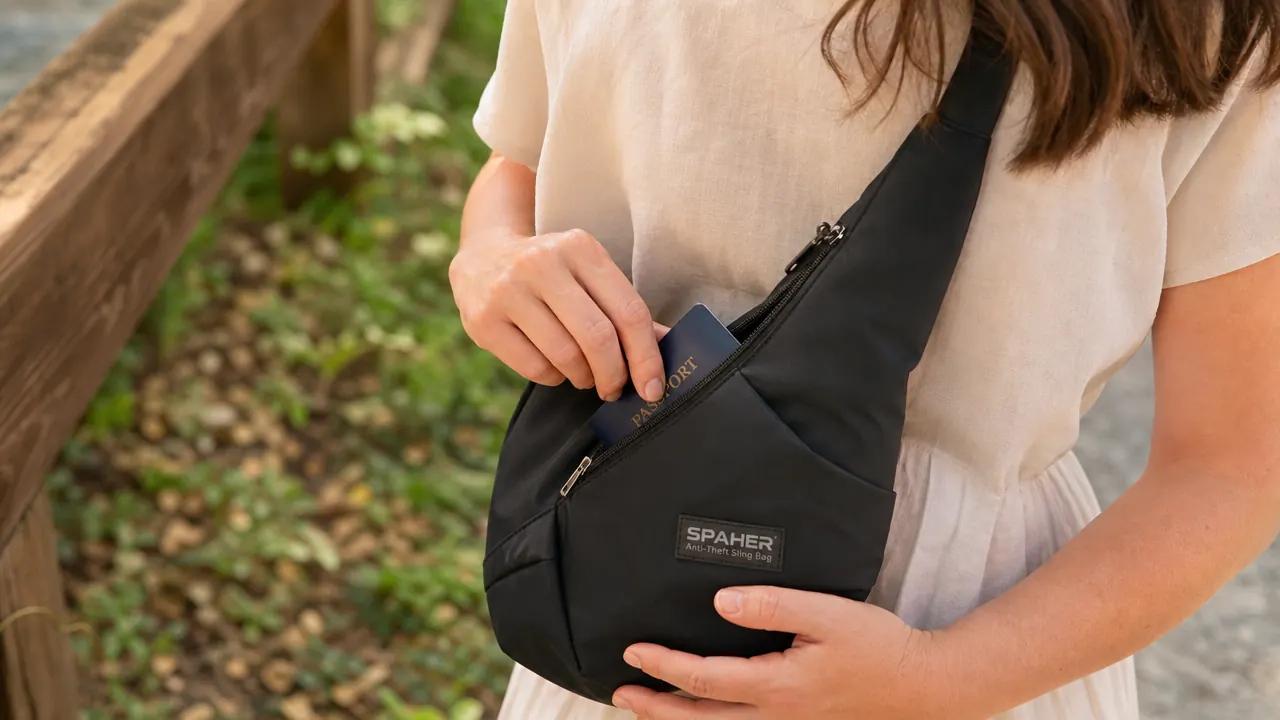 Close-up of a hand zipping the hidden back pocket of a black sling bag