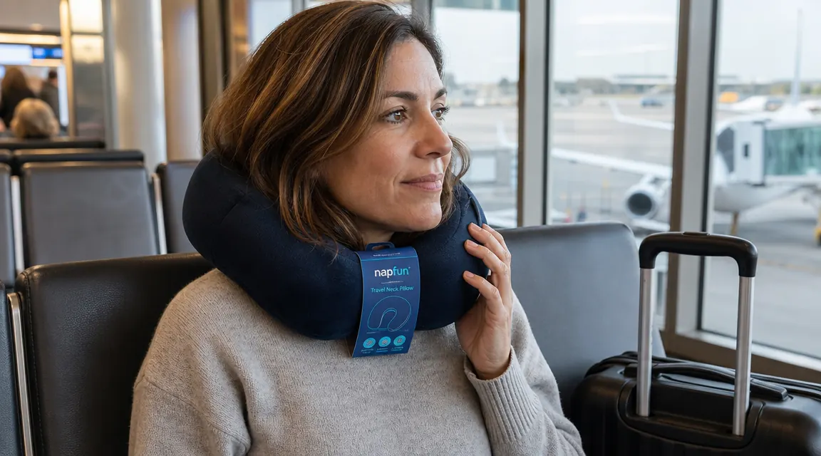 napfun travel neck pillow shown being put on by a woman in an airport gate area, blue carry-on bag nearby