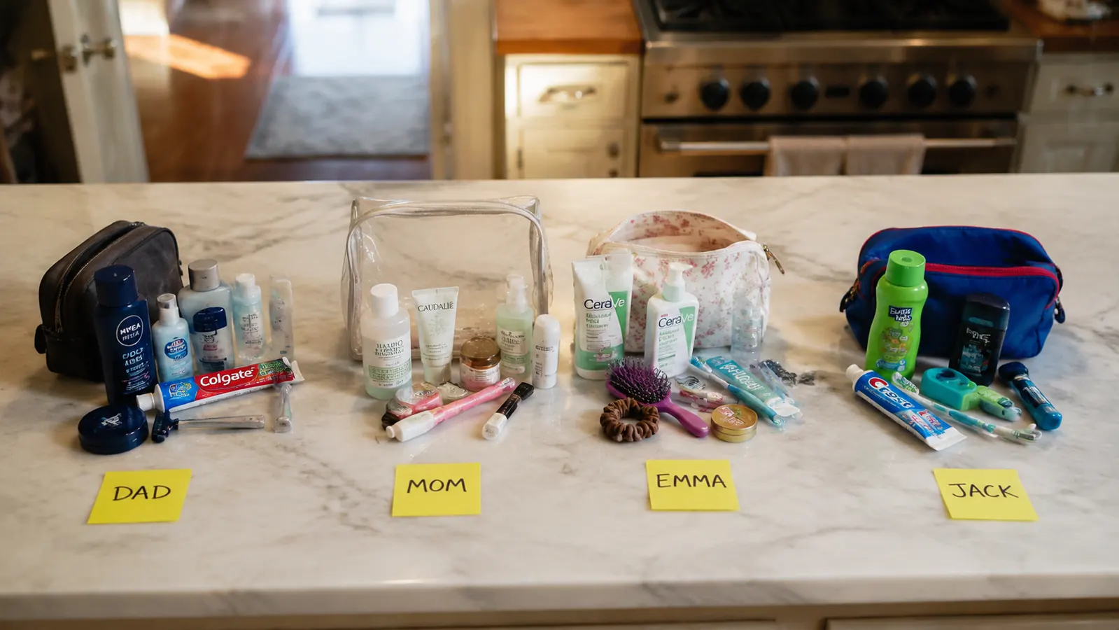 Flat lay showing sorted family toiletry items grouped by person before packing, on a kitchen counter