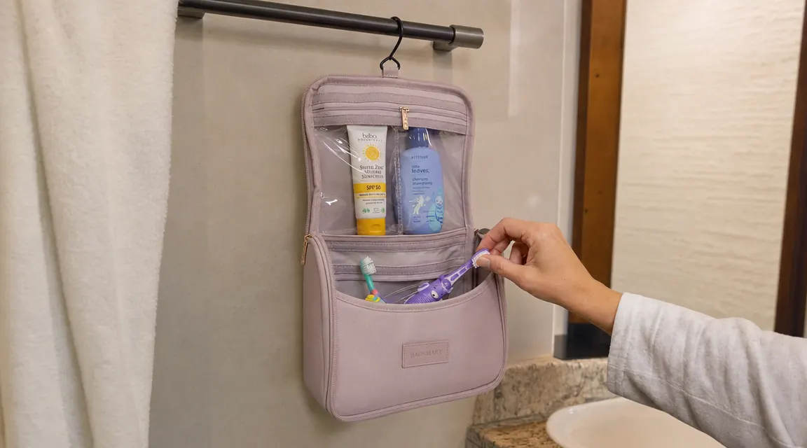 Hanging toiletry bag on a hotel bathroom towel bar with kids toothbrushes and small bottles visible