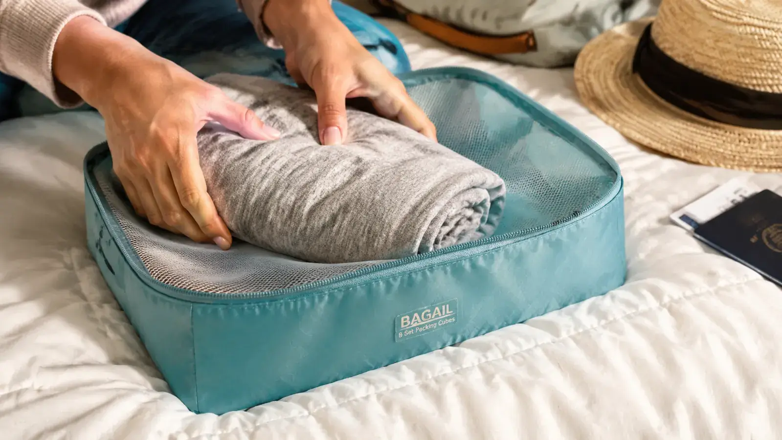 Hands rolling a t-shirt tightly before placing it into a BAGAIL packing cube on a bed