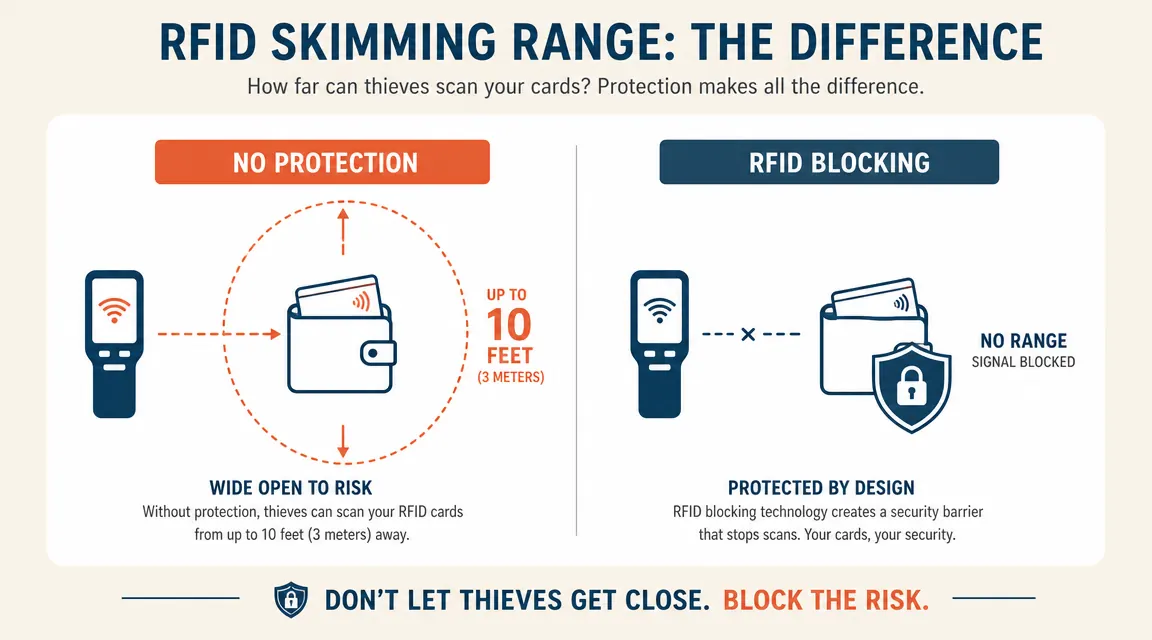 Diagram comparing RFID skimming range with and without a blocking wallet or bag, showing a green safe zone and a red vulnerable zone