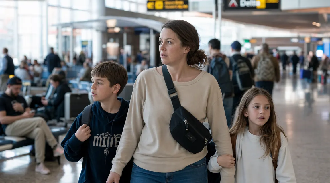 Mom and two children walking through a crowded airport corridor, the mom wearing a crossbody bag worn against her chest with the zipper facing inward