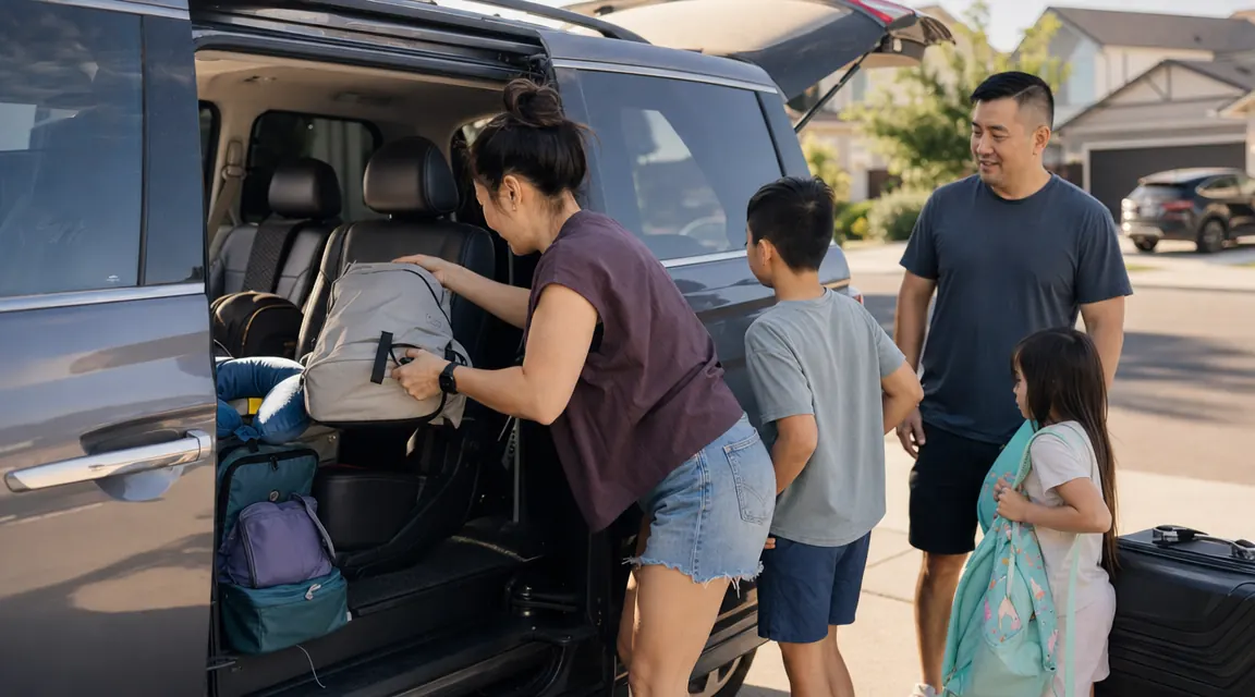 Family loading up a minivan for a road trip, travel accessories visible on the seat
